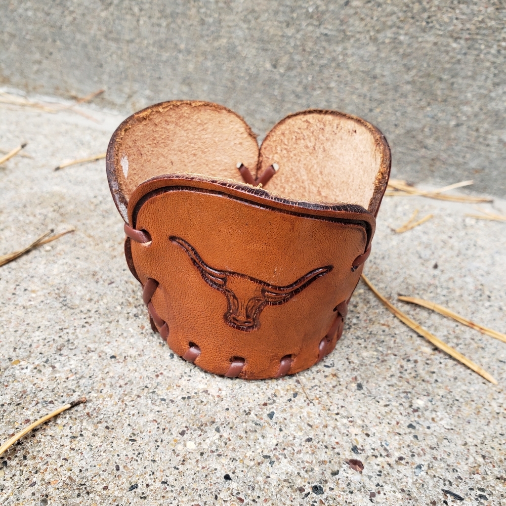 Vintage Western Tooled Leather Longhorn Cup Holder